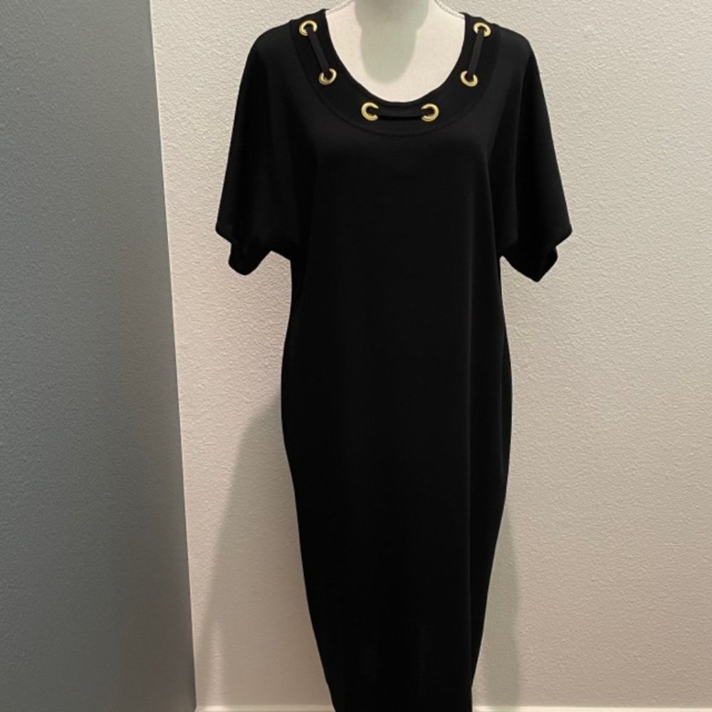 Misook Vintage Short Sleeve “Little Black Dress” with Gold Tone Grommet Detail - Picture 2 of 8